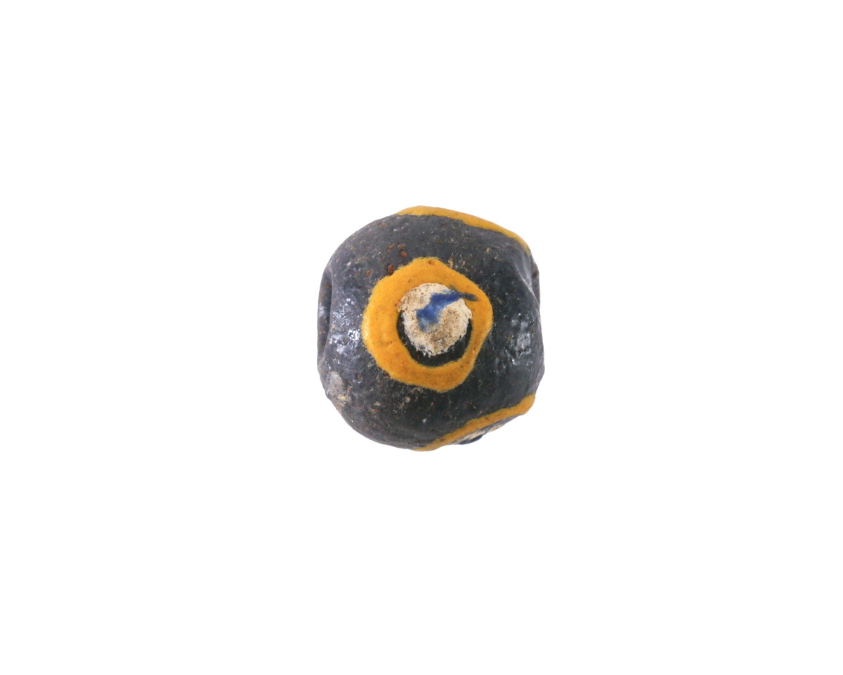 African Hand-Painted Yellow Rings & White Dot on Black Powder Glass (Krobo) Round 12-13mm