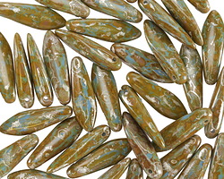 Czech Glass Blue Turquoise w/ Silver Picasso Dagger 5x16mm