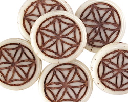 Czech Glass White w/ Brown Wash Flower of Life Geometry Coin 19mm