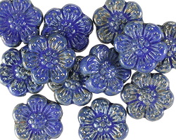 Czech Glass Cobalt w/ Antique Silver Wild Rose Coin 13mm