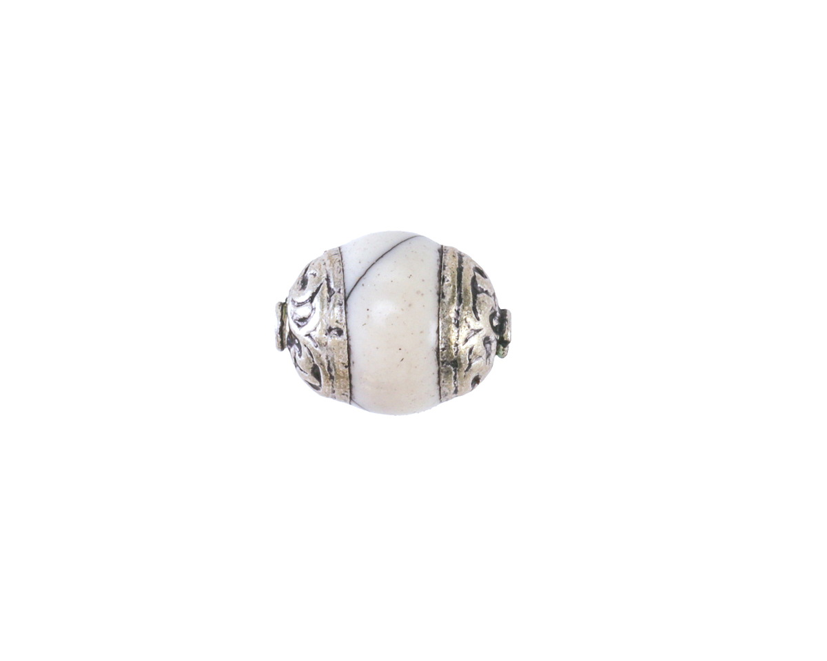 Nepalese White Magnesite & White Brass Bead 12-14x10mm