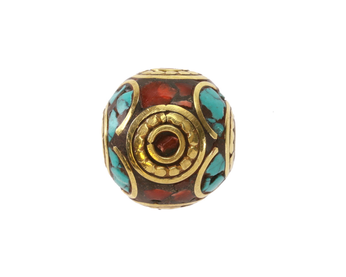 Nepalese Brass w/ Coral & Turquoise in Half Circles w/ Circle of Dots Round 17-18mm