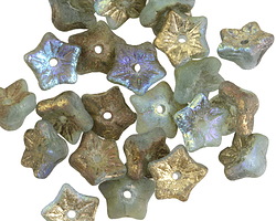 Czech Glass Matte Textured Sea Green w/ Gold AB Finish 5 Point Bellflower 5x9mm