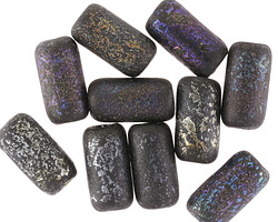 Czech Glass Textured Jet w/ Metallic Rainbow Finish Large Hole Tube 14x7mm