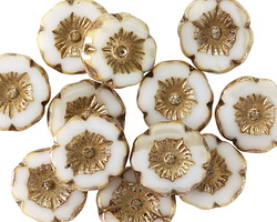 Czech Glass Ivory w/ Gold Hibiscus Coin 12mm