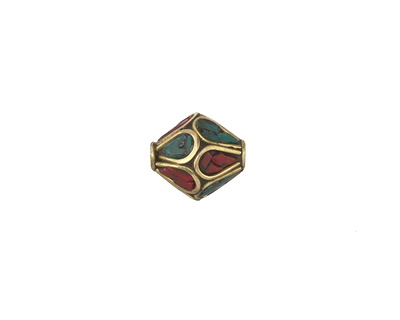 Nepalese Brass Rice Bead w/ Turquoise & Coral Mosaic Petals 11-13x11-13mm