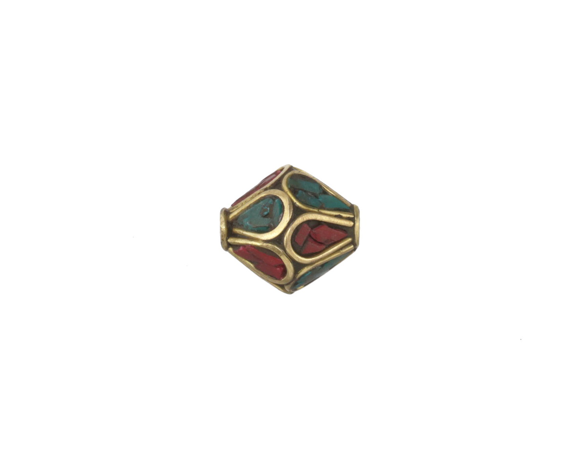 Nepalese Brass Rice Bead w/ Turquoise & Coral Mosaic Petals 11-13x11-13mm