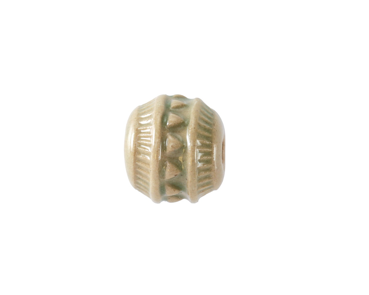 Golem Studio Bottle Green Triangles & Notches Ceramic Round Bead 12-13x13mm