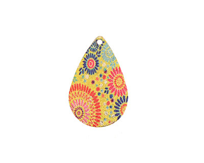 Flower Garden Etched & Printed Gold Finish Teardrop Focal 18x27mm