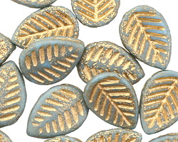 Czech Glass Turquoise w/ Etched Gold Carved Leaf Drop 12x17mm