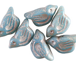Czech Glass Matte Dusty Blue w/ Metallic Beige Bird 11x22mm