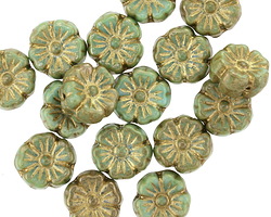 Czech Glass Green Tea Picasso w/ Gold Hibiscus Coin 10mm