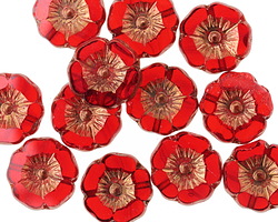 Czech Glass Bronzed Ruby Red Hibiscus Coin 12mm