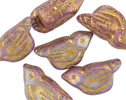 Czech Glass Matte Thistle AB w/ Gold Wash Bird 11x22mm