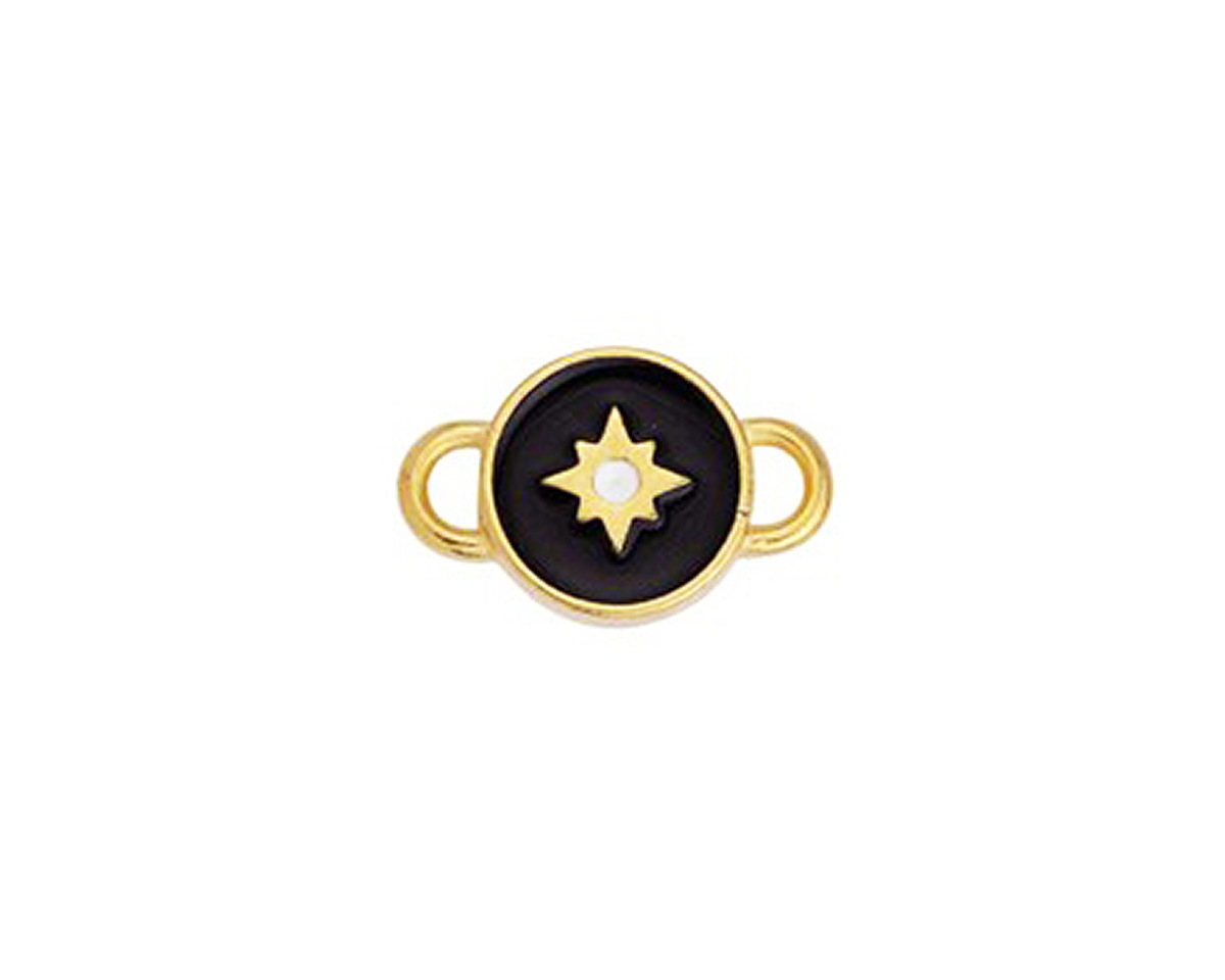 24K Gold (plated) Jet & White Enamel North Star Round Focal Link 16x10mm