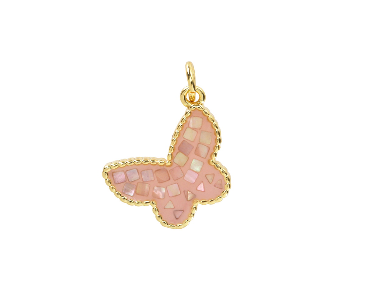 Mother of Pearl in Light Rose Enamel w/ Gold Finish Butterfly Pendant 13x16mm