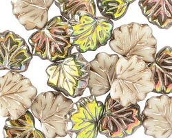 Czech Glass Bisque w/ Platinum & Metallic Green Maple Leaf 11x13mm