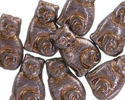 Czech Glass Mystic Swirl w/ Bronze Wash Sitting Cat Bead 17x11mm