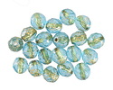 Czech Glass Textured Aquamarine w/ Gold Fire Polished Round 8mm