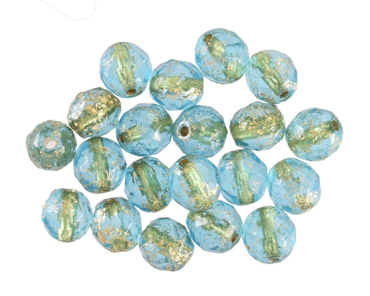Czech Glass Textured Aquamarine w/ Gold Fire Polished Round 8mm