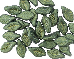 Czech Glass Metallic Green w/ Gold Leaf Drop 6x12mm