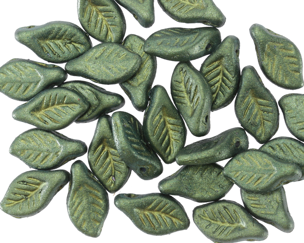 Czech Glass Metallic Green w/ Gold Leaf Drop 6x12mm