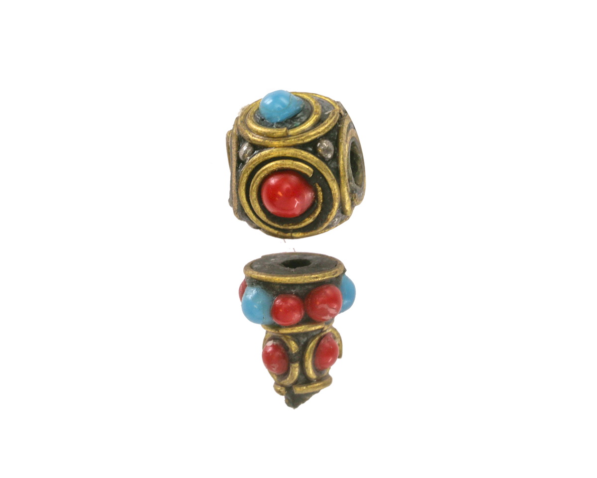 Nepalese Brass w/ Turquoise & Coral Dots Guru Bead 10x21mm