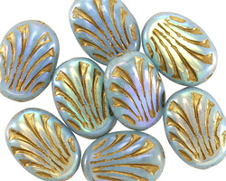 Czech Glass Blue Opal Swirl AB w/ Gold Fan Oval 17x12mm