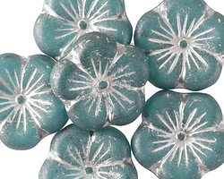 Czech Glass Matte Teal Blue w/ Silver Wash Hibiscus Coin 22mm