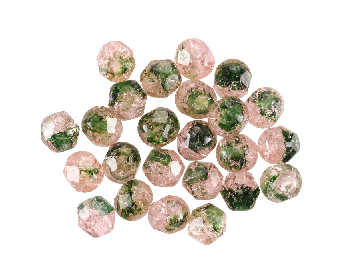 Czech Glass Pink & Green Crackle Fire Polished Round 6mm
