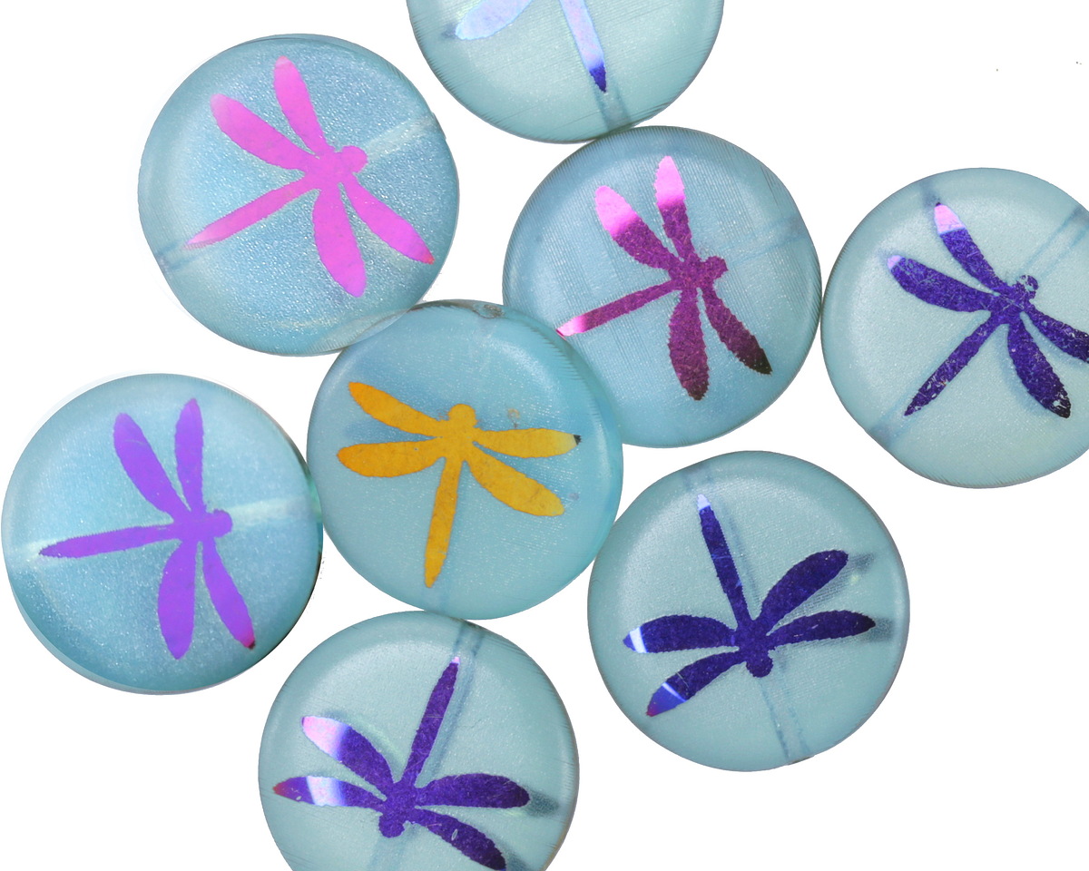Czech Glass Laser Etched Dragonfly Matte Aqua Blue Opal w/ Rainbow Finish Coin 14mm