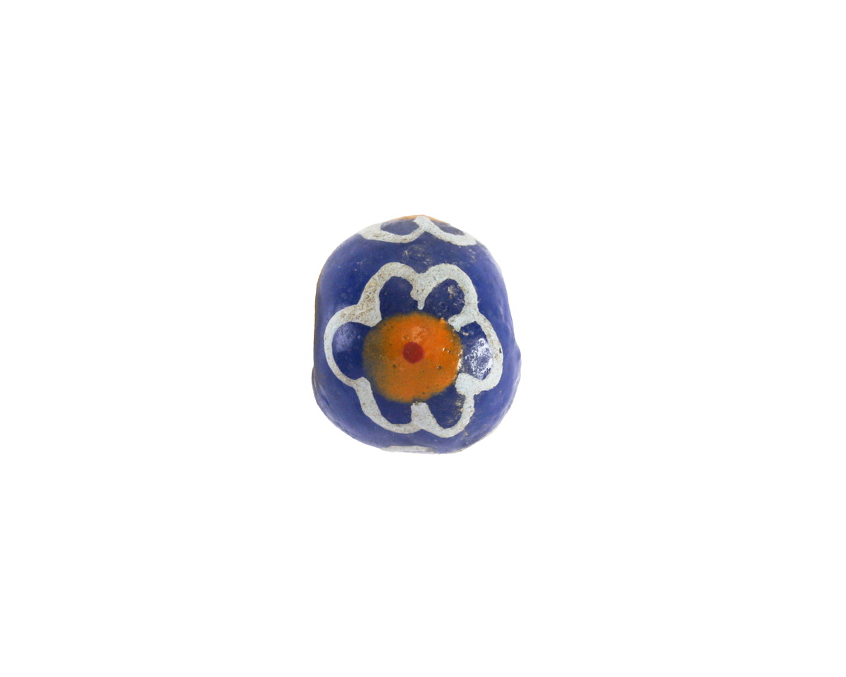 African Glass (Krobo) Blue Powder-Cast Hand-Painted Daisy Round 10mm
