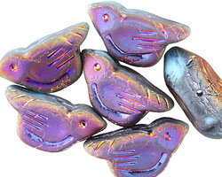Czech Glass Matte Sky Blue Rainbow w/ Metallic Peacock Bird 11x22mm