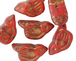 Czech Glass Matte Ruby Red w/ Gold Wash Bird 11x22mm