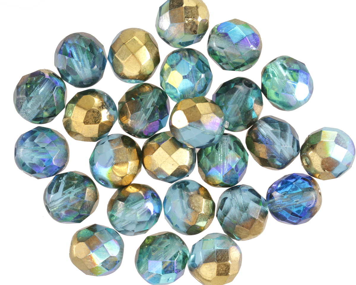 Czech Glass Aquamarine AB w/ Gold Fire Polished Round 8mm