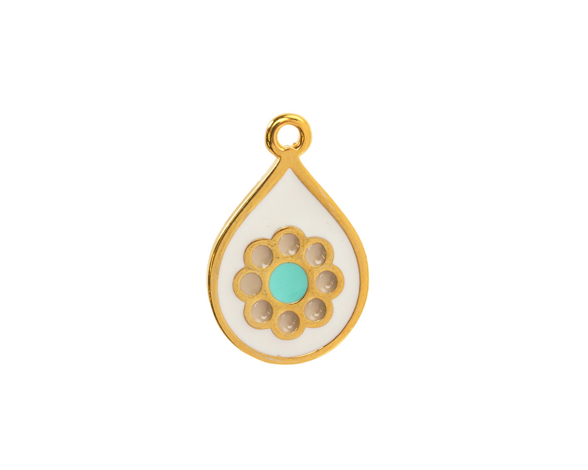 24K Gold (Plated) White & Sweet Mint Enamel w/ Flower Drop Focal 13x20mm