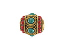 Nepalese Brass Turquoise, & Small Coral Dots Large Barrel Bead 16x15mm