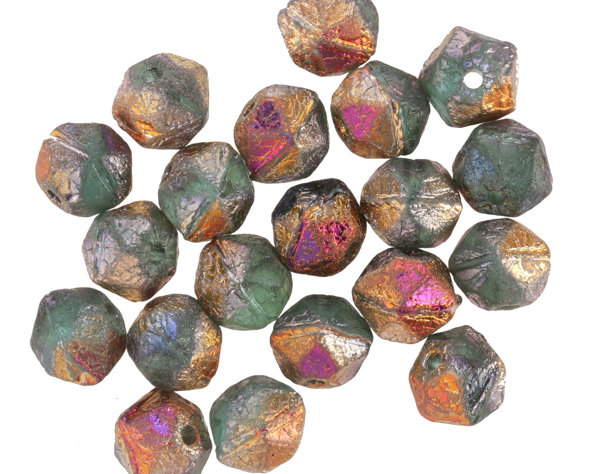 Czech Glass Textured Sea Green w/ Rainbow Metallic English Cut Bead 7x8mm