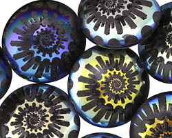 Czech Glass Laser Etched Ammonite on Jet w/ Rainbow Finish Puff Coin 20mm
