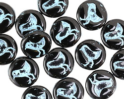 Czech Glass Jet w/ Sky Blue Bird Coin 12mm