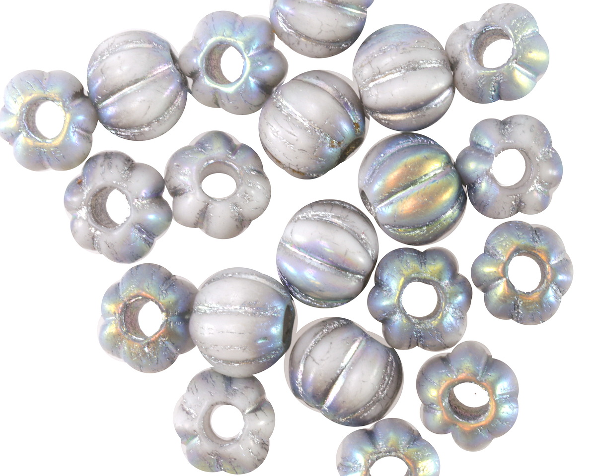 Czech Glass White AB w/ Silver Large Hole Melon Round 8mm