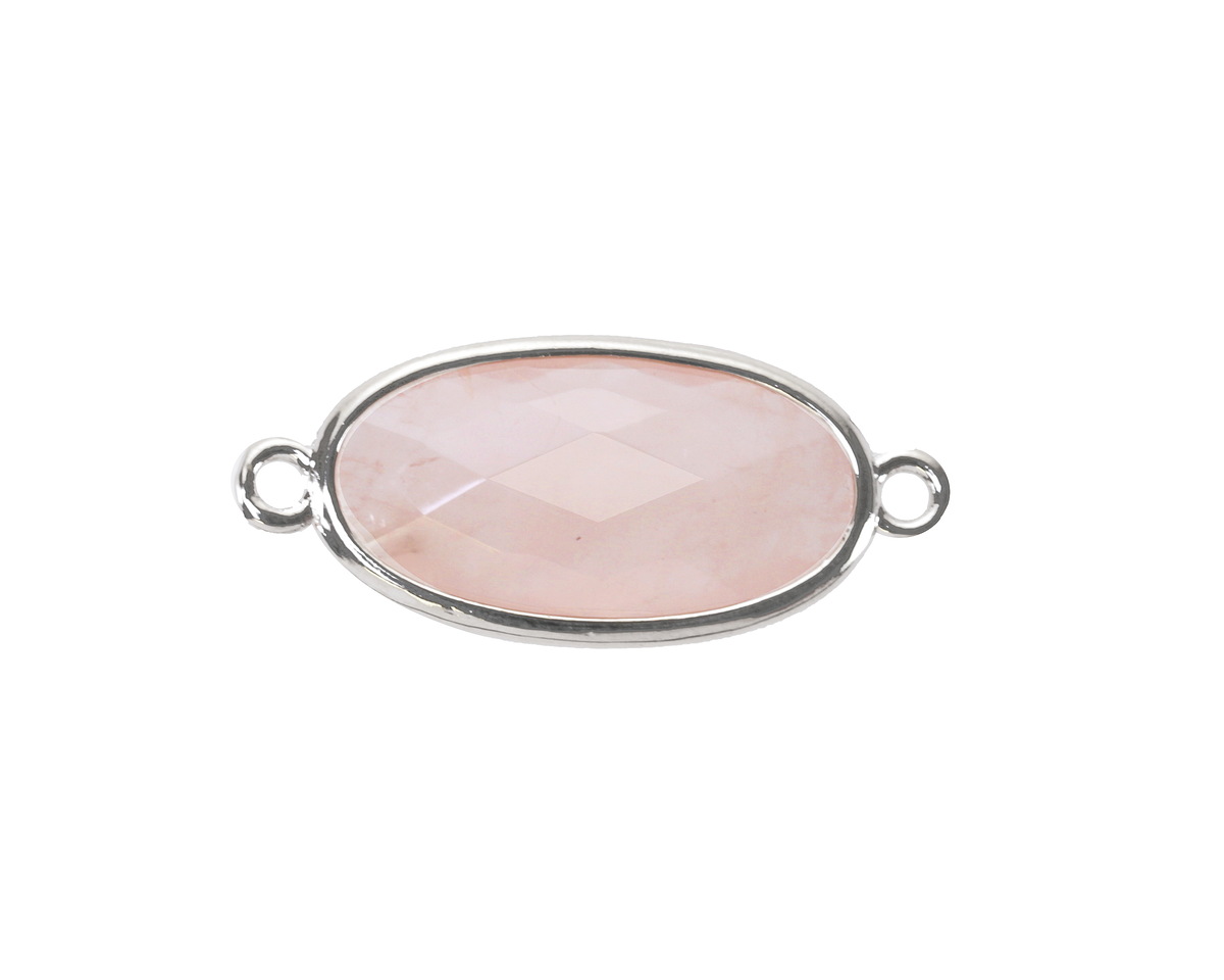 Rose Quartz (natural) Faceted Puff Oval Link w/ Silver Finish Bezel 12x20mm