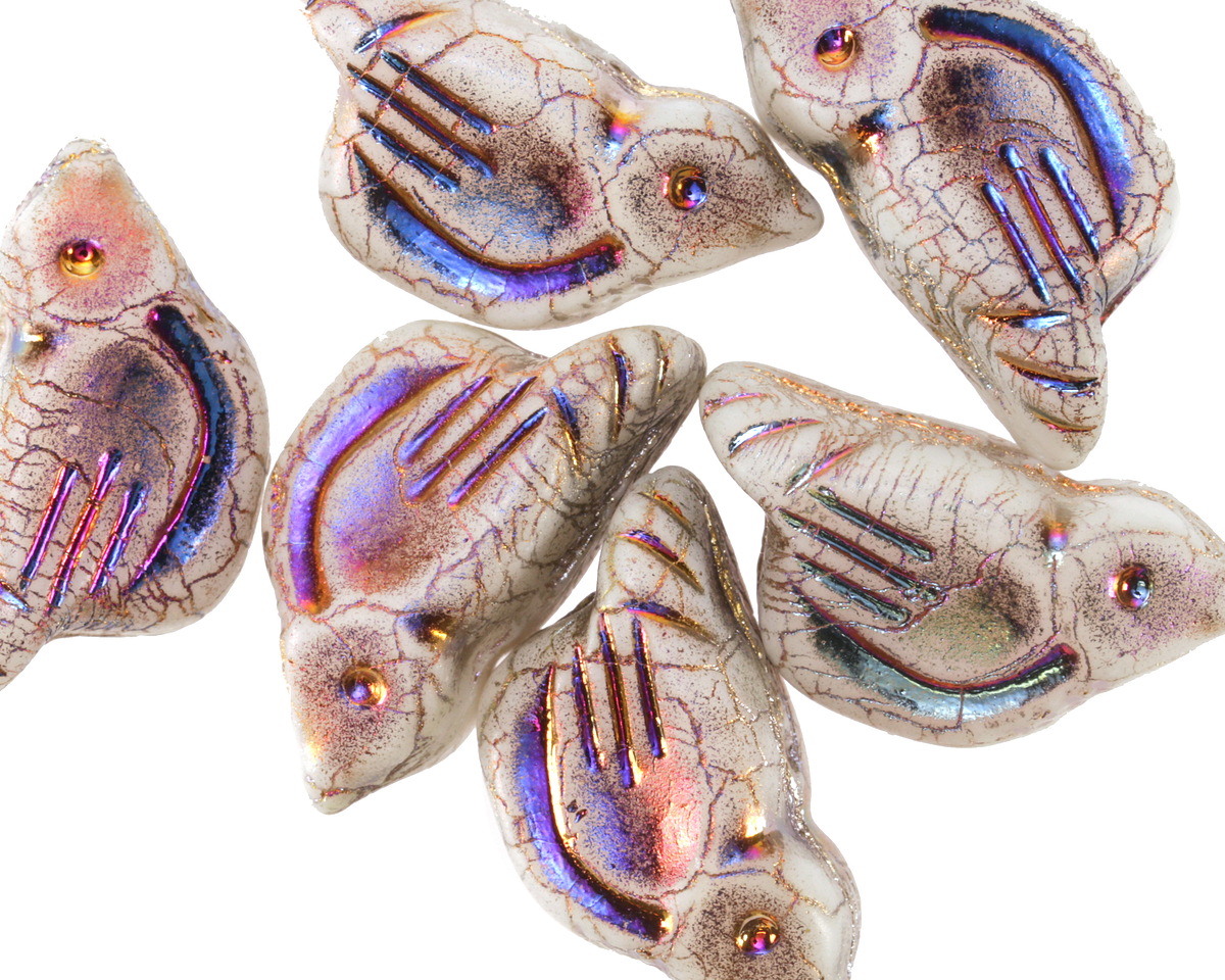 Czech Glass Matte White w/ Metallic Rainbow Bird 11x22mm