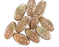 Czech Glass Crystal AB w/ Gold Roped 4-sided Rice Oval 15x9mm
