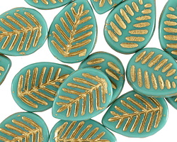 Czech Glass Turquoise w/ Gold Carved Leaf Drop 12x17mm