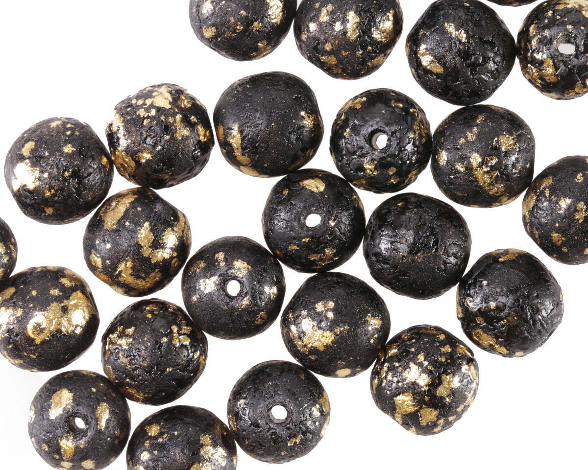 Czech Glass Textured Jet w/ Gold Flecks Round Druk 8mm