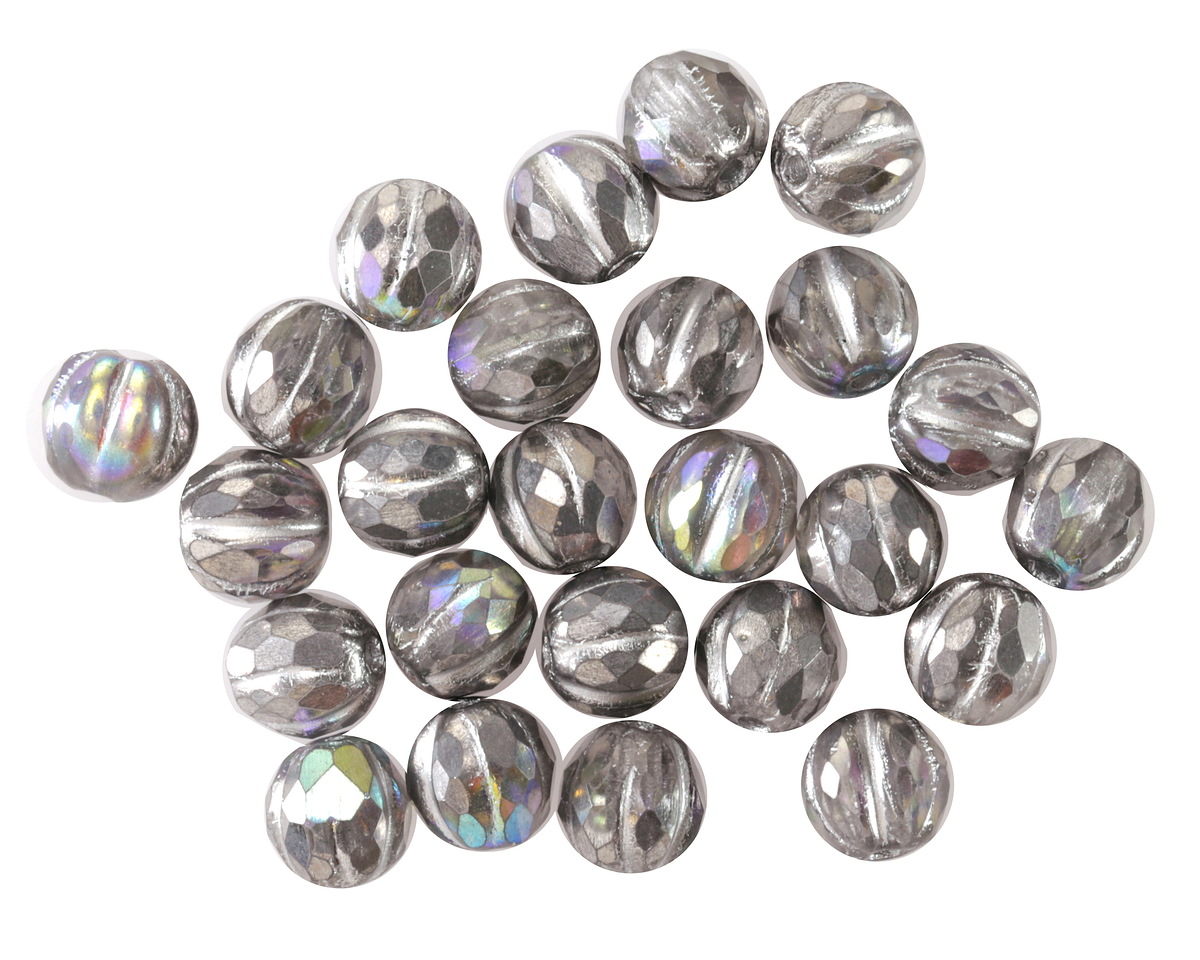 Czech Glass Crystal AB w/ Silver Faceted Melon Round 6mm