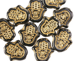Czech Glass Jet w/ Gold Wash Hamsa Hand 15x14mm