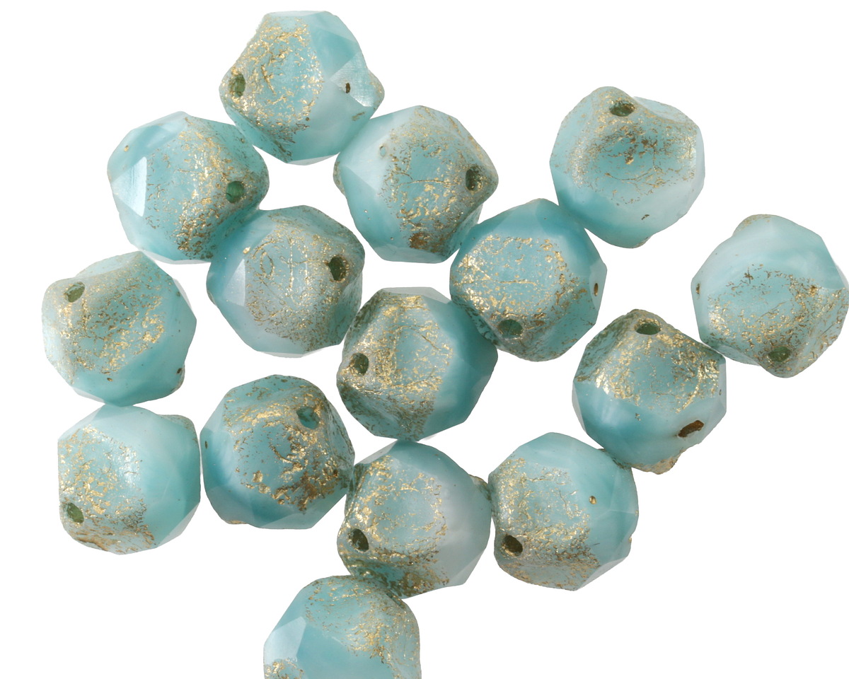 Czech Glass Textured Aquamarine Waters w/ Gold Wash Chandelier Cut 8mm