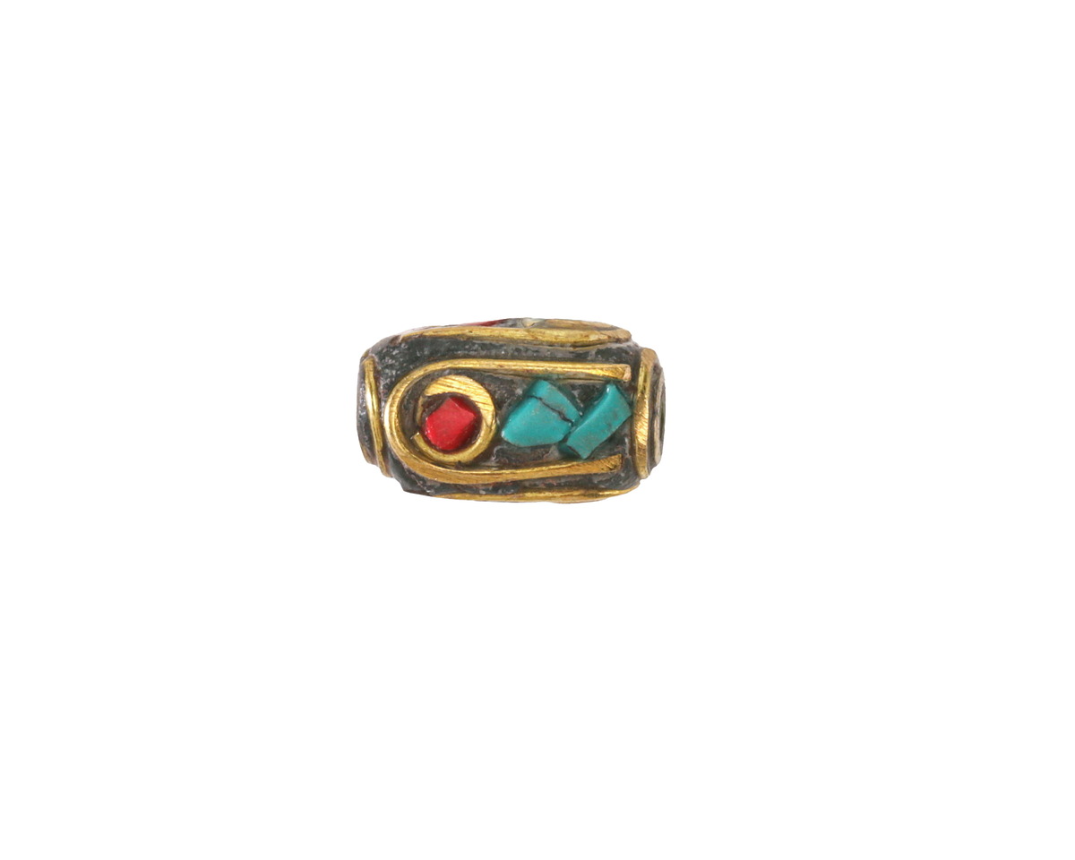 Nepalese Brass w/ Turquoise & Coral Mosaic Plumes Barrel Bead 13x8mm